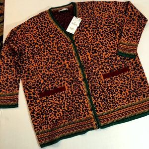 ZARA KNIT SZ. S OVERSIZED CARDIGAN ANIMAL PRINT DESIGN WITH GLITTER THREADS